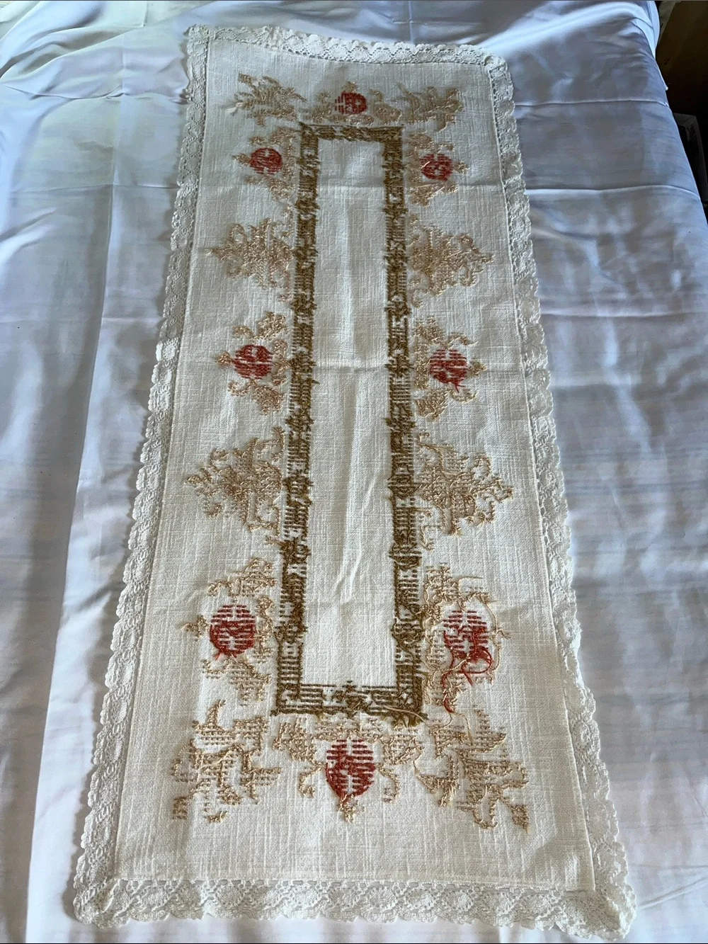 Hand-Embroidered Cream Linen Table Runner with Rust Floral Accents 17” x42”